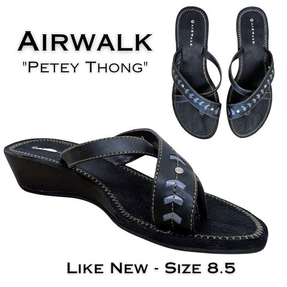1 Madison Shoes - Airwalk Petey Sandal 8.5 Black Wedge Thong Silver Studded Comfort Padded Classic